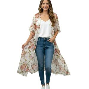 American Eagle Ivory Floral Kimono Duster M Boho Cottagecore Whimsy Countryside